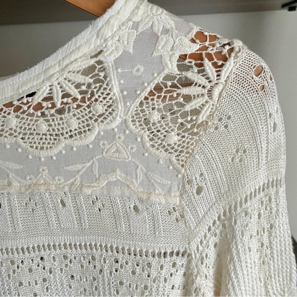 Free People Cream Crocheted Lace Bell Sleeve Top, Size XS Romantic Boho - Picture 6 of 15